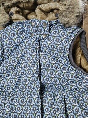Aeropostale Blue Floral Puffer Vest with Faux Fur Trim